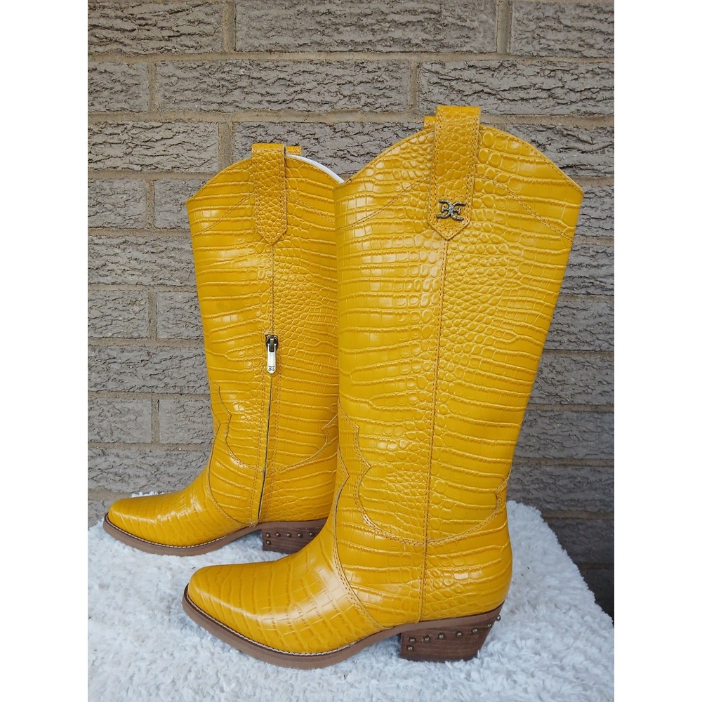 Sam Edelman Women's Yellow Leather Croc Embossed Cowgirl Boots Sz 6 Festival